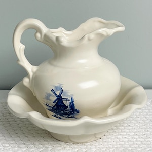 McCoy Pitcher Ewer Bowl Set | Off White Blue Windmill | Handled Scalloped Ceramics