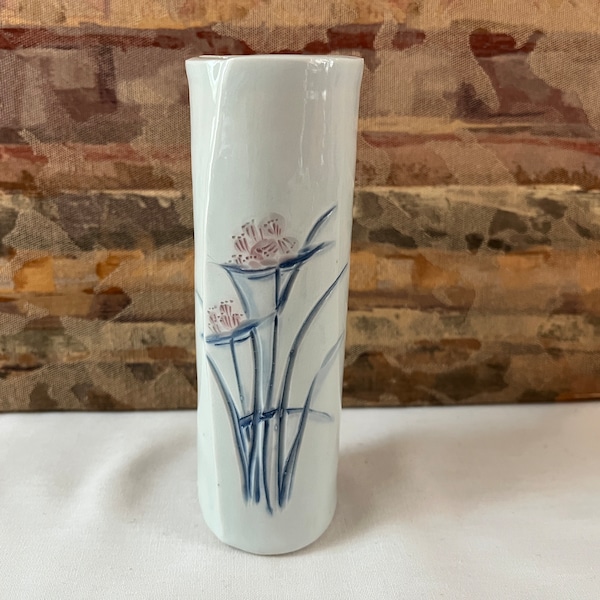 Asian Light Blue Bud Vase Wall Pocket | Wrap Around Shape 5 1/2" Tall | Incised Pink Flowers