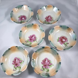 Lustre Pink Green Berry Bowls German | Beautiful Vintage Porcelain Pink Flower Fanned Edges | Peach Green Bavaria | Set of 6