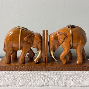 Carved Wood Elephant Book Ends | Art Statue Figural Safari Animal | Vintage Mid Century | Book Shelf Cabin Cottage Decor Display 6" Tall