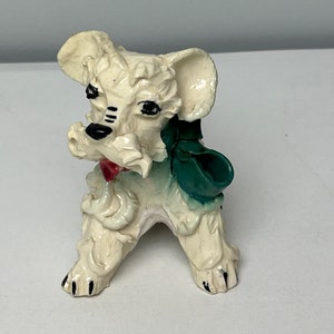 J.W. Co. Italy Scottie Dog w Green Bow Figurine | White Textured and Painted | RARE Italian Vintage