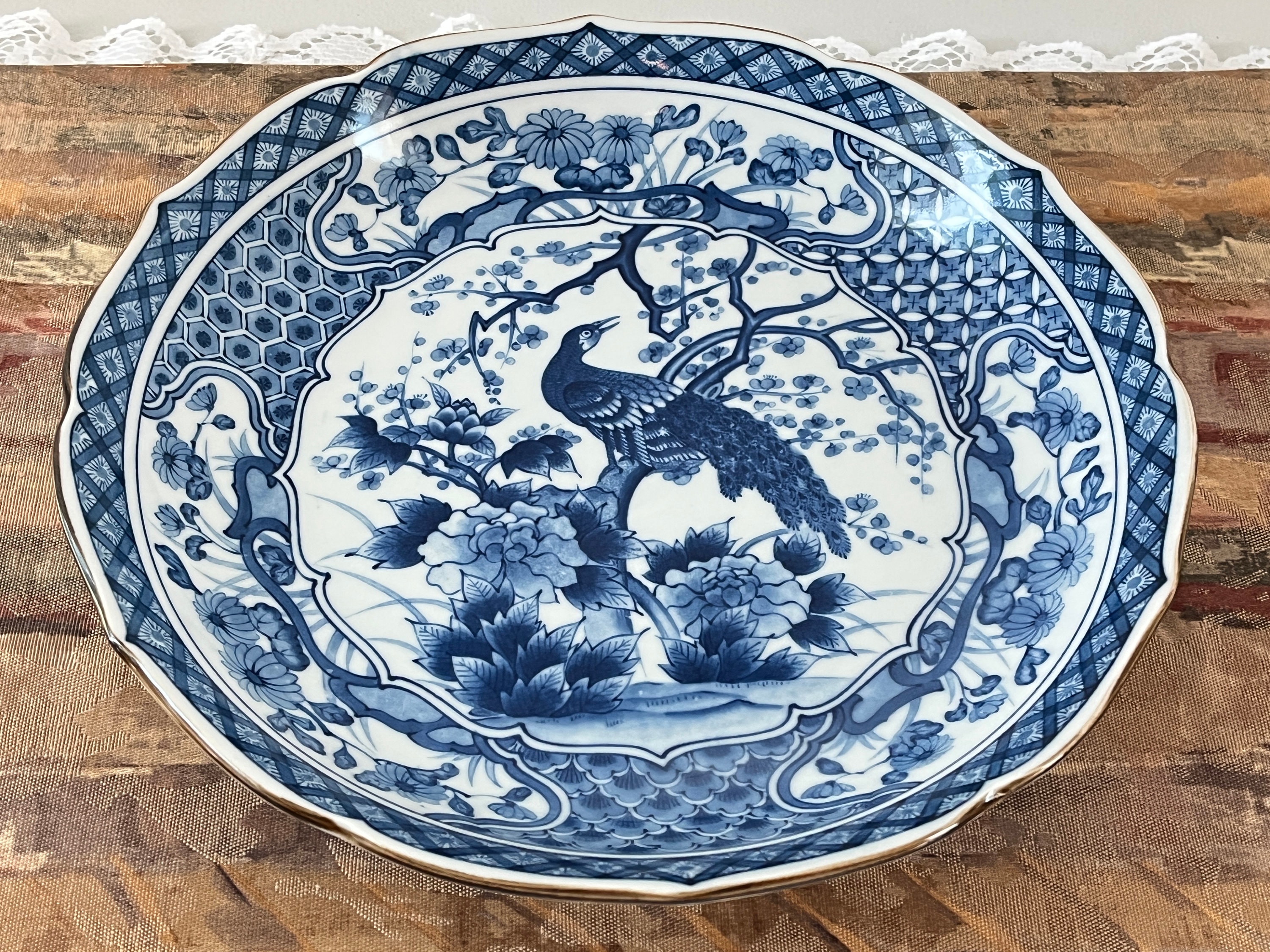 Japan TOYO Blue and White Porcelain Bowl W Peacock 10