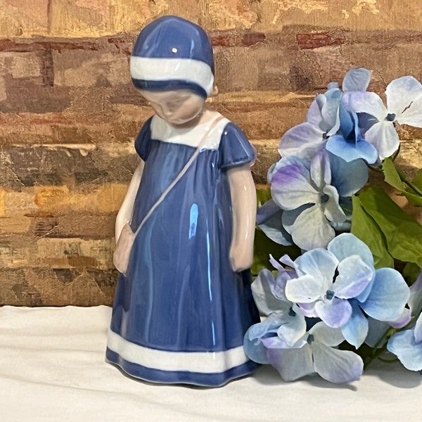 Bing Grondahl B G Else in Blue Dress Porcelain Figurine #1574 | White Crossbody Purse Sad Girl Bowed Head