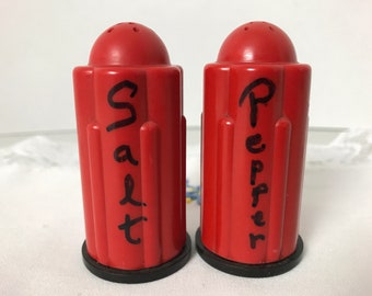 Vtg Bonny Ware USA RED Salt and Pepper Shakers | 1920's-30's Art Deco | Skyscrapers | Patent #