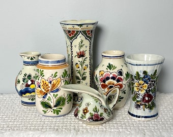 Delft Polychrome Floral Vases, Hand Painted Small Dutch Ceramics Decor LOT