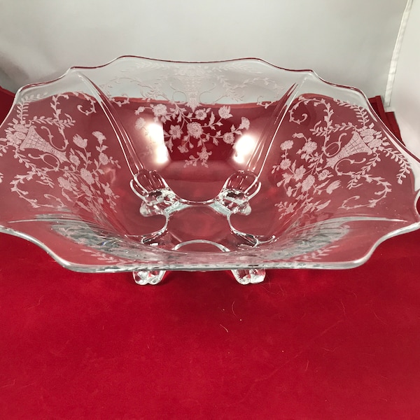 Vtg Cambridge Console Bowl Portia Etch 1932-1950 | Clear Glass Etched |  Footed Bowl | Flowing Flowers Flat Top Urn
