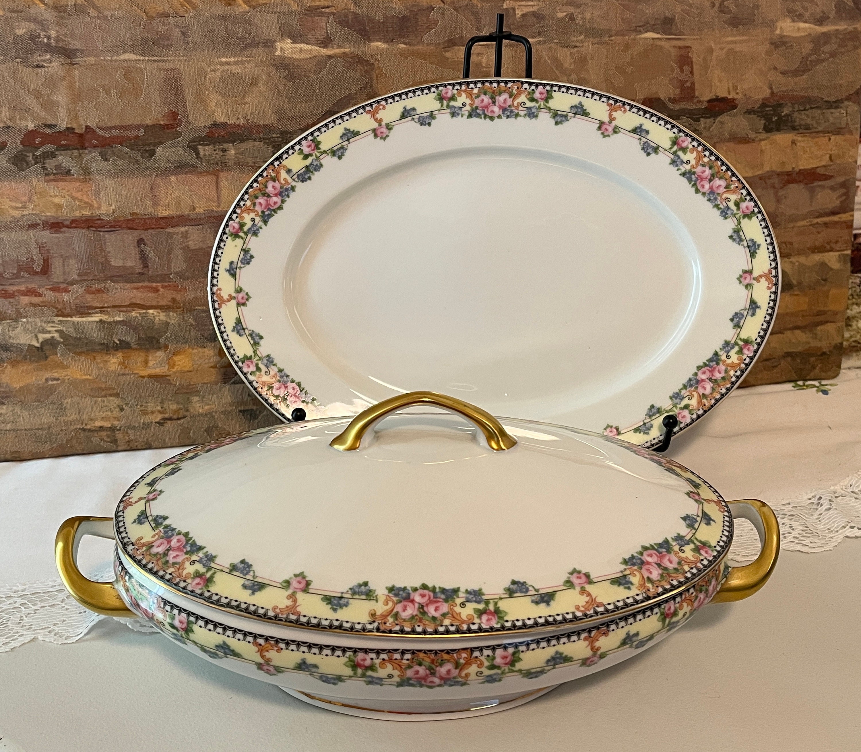 Vtg Victoria China Czech Covered Vegetable Bowl W Platter
