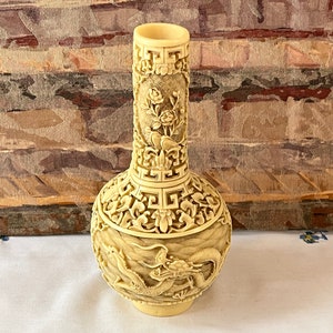 Carved Cream Color Dragons Chinese Vase  | Cream Color Dragons Flowers Signed 8 1/2&quot; Tall