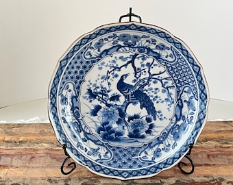 Japan TOYO Blue and White Porcelain Bowl w Peacock 10" Signed | Flowers Art Deco Pattern