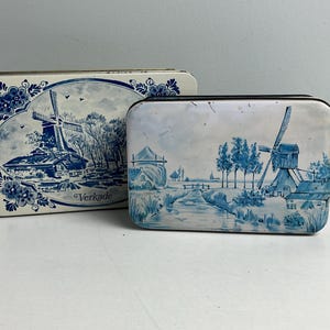 Dutch Holland Vintage Tins Blue Delft Windmill Scene | Verkade | Patria Quality Biscuits Amersterdam Holland Tin | Lidded Containers Vintage