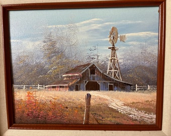 Vtg Oil Painting of Old Barn Scene and Blue Sky | Gorgeous 17 x 15 Wooden Frame w Tweed Inner Framing | Hencho en Mexico | 8 x 10 Painting