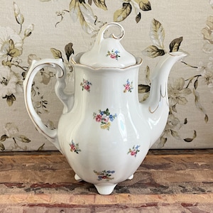 German Coffee Pot w Lid Pink Floral Sprays Gold Trim | Remembrance Pattern | Forest Bavaria China Crown Stamp