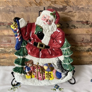 Christmas Santa Plate Fitz and Floyd Holiday Decor | Omnibus 1996 | Hand Painted Ceramic Cookie Plate Gifts Toys Puppy Dog Candy Cane