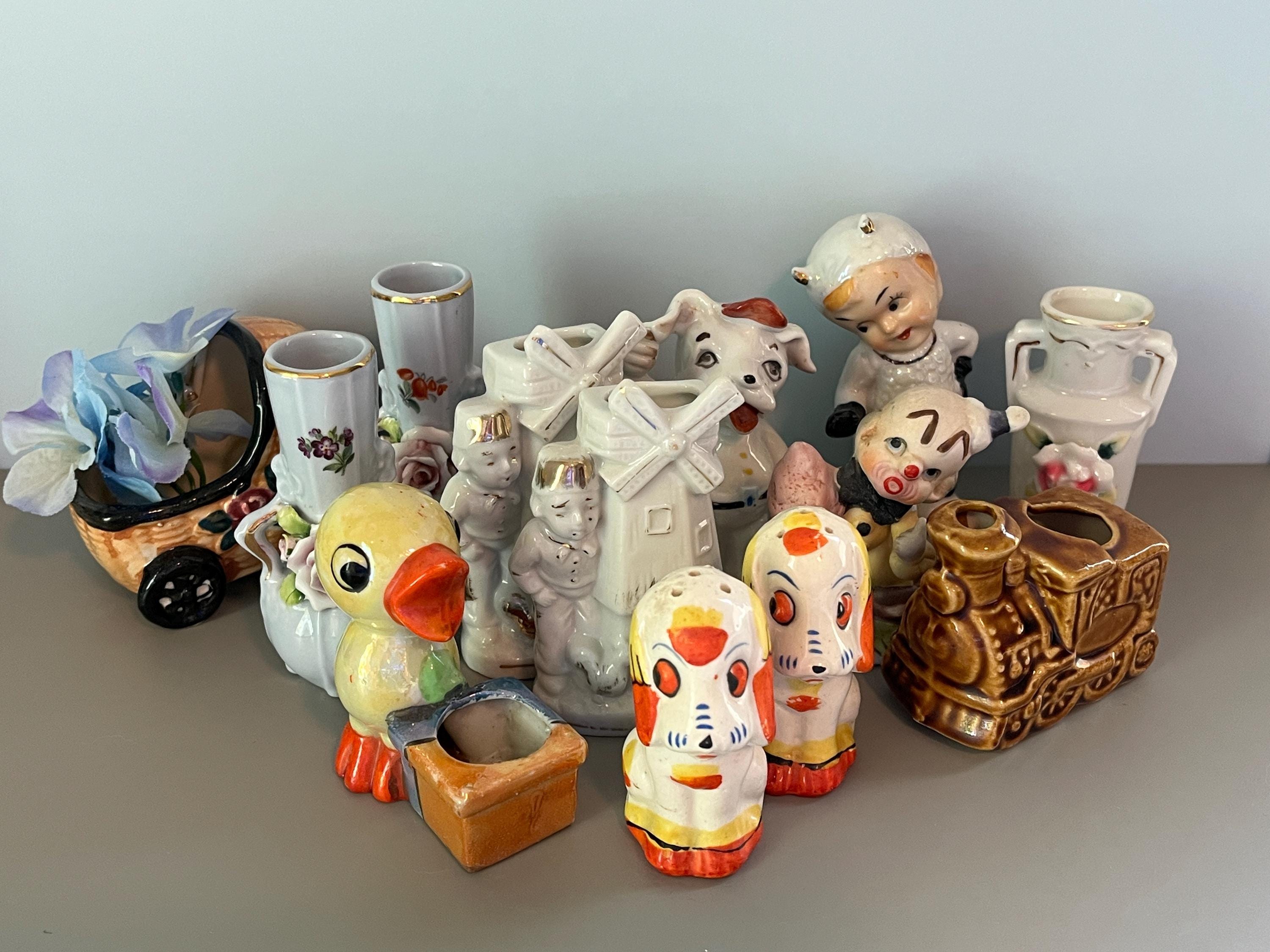 Miniature Figurines LOT Japan Germany Anthropomorphic S & P Iridescent Vase Dog Sailor Vintage 1950s 13 Pcs