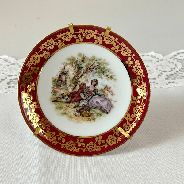 Miniature Limoges France Decorative Porcelain Plate w Stand 3 1/4" | Courting Couple Scene by Fragonard | Gold Accents and Trim