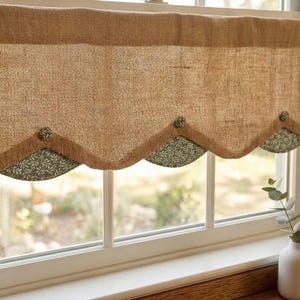 Rustic Burlap Scalloped Window Valance with Patterned Accent & Button Details