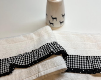 Farmhouse bath set/Gingham Ruffle Towels & Deer Soap Dispenser/Black and White Rustic Decor