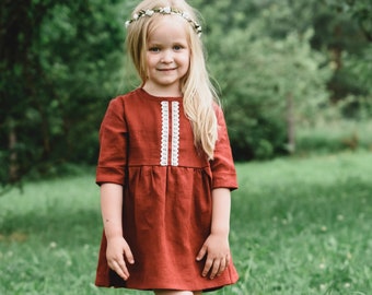 Baby girl linen summer short dress, cottagecore toddler princess frock knee length, minimalist natural girl clothing, handmade apparel