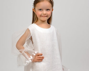 Flower girl dress '' White Candy '', Birthday Dress, Linen Dress, Wedding Dress, Tulle Dress, White Dress.