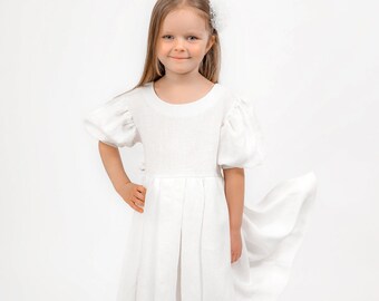 White Flower Girl Dress '' Juana '', Birthday Dress, Linen Dress, Wedding Dress, White Dress.