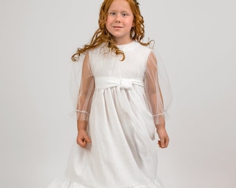 First Communion Dress '' Seirana '', Traditional First Communion Dress, Linen Dress, Formal Dress, Occasional Dress, White Dress.