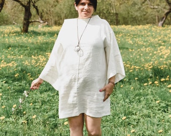 Plus size classic minimalist vacation dress for women, long sleeve linen frock, summer sundress, women&#39;s office clothing