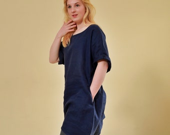 Linen Tunic “Moly”, Navy Blue Tunic Top, Short Sleeve, Tunic with Pockets, Women tunic