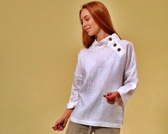 Loose Fit, Linen Blouse “Jasmine”, Long Sleeves, White Linen Blouse, White Linen Top, Women's Shirts, Summer Shirt, Women's Clothing