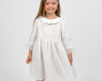 Flower girl dress &#39;&#39; Milda &#39;&#39;, White Linen Dress, Wedding Dress, Tulle Dress, Birthday Dress.