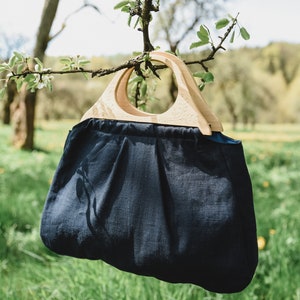 Linen Handbag, Wooden handle bag, Woman Handbag, Handmade Bag, Linen Purse, Women Purse, Summer Bag, Natural