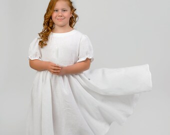 First Communion Dress '' Rasa '', Traditional First Communion Dress, Linen Dress, Formal Dress, Occasional Dress, White Dress.