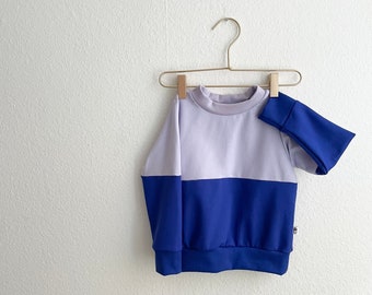 cool color block sweater in lilac and cobalt blue