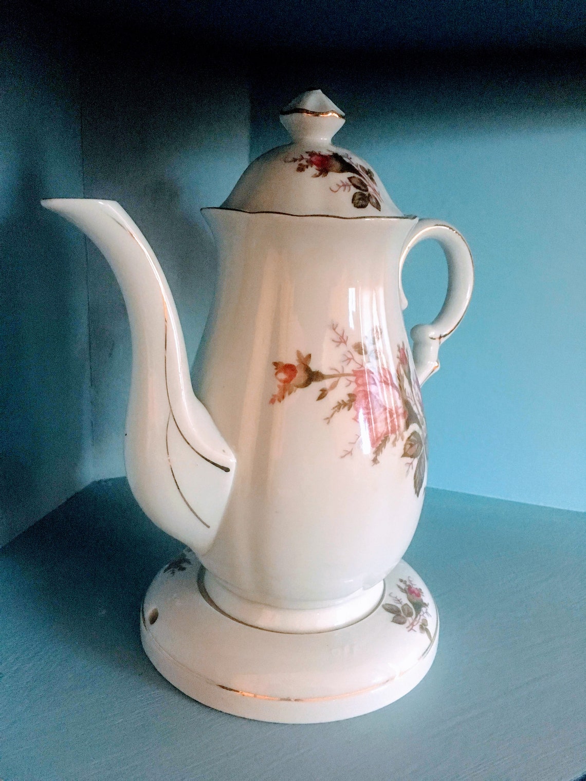 Vintage Moss Rose pattern Electric heating Tea Pot and Base Etsy