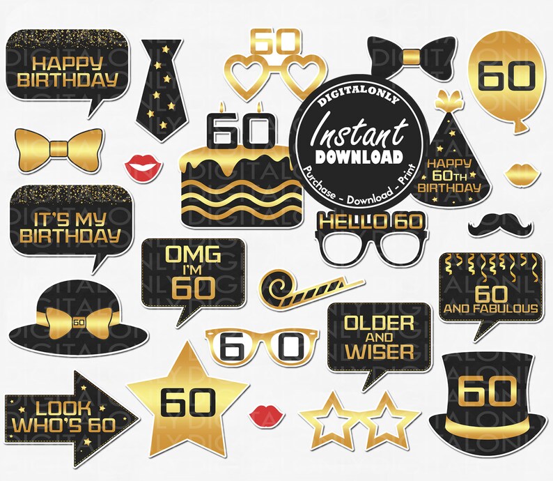 60th Birthday Party Decor Instant Download Birthday Photo Booth Props Black And Gold Birthday Photo Booth 60th Birthday Props Paper Party Supplies Party Decor