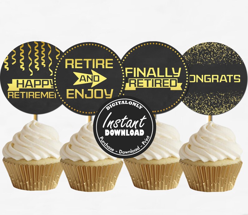 Retirement Cupcake Toppers instant Download Black and Gold Etsy