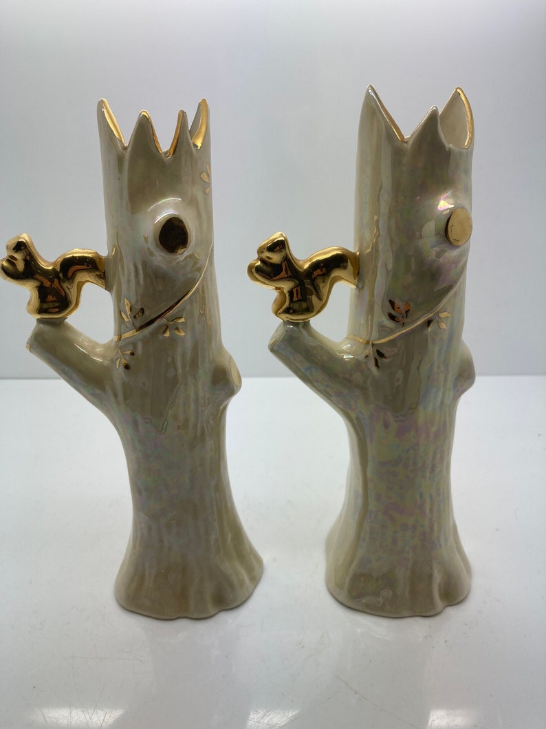 Vintage Irridescent Lusterware Tree Trunk With Squirrel Vases set of 2
