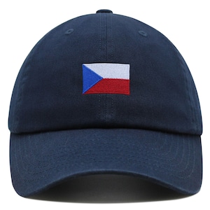 May include: A navy blue baseball cap with an embroidered Czech Republic flag on the front.