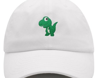 May include: White baseball cap with a green embroidered dinosaur on the front.