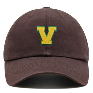 Gorra de béisbol de algodón bordada premium con letra V inicial de la universidad, color amarillo