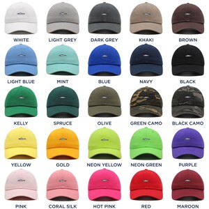 May include: A collection of baseball caps in various colors, each featuring a small embroidered fish. Colors include white, light grey, dark grey, khaki, brown, light blue, mint, blue, navy, and black.