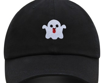 May include: A black baseball cap with a white embroidered ghost with a red tongue sticking out.