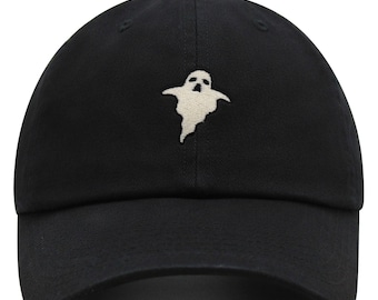 May include: A black baseball cap with a white embroidered ghost design.