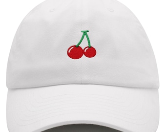 May include: White baseball cap with a red cherry embroidered on the front.