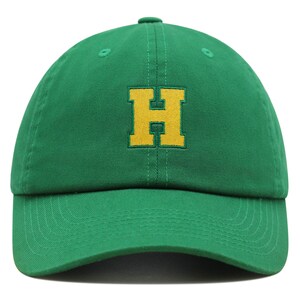 Gorra de béisbol de algodón bordada premium con letra H universitaria, color amarillo