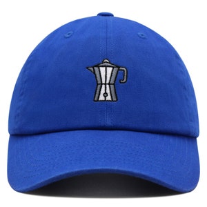 May include: A royal blue baseball cap with an embroidered image of a silver and black coffee pot.