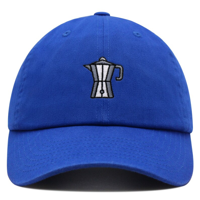 May include: A royal blue baseball cap with an embroidered image of a silver and black coffee pot.