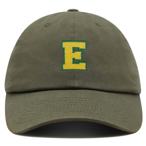 Gorra de béisbol de algodón bordada con la letra E inicial de la universidad, de primera calidad, con alfabeto amarillo