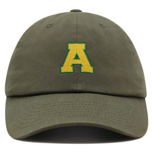 Gorra de béisbol de algodón bordada premium con letra A universitaria inicial, alfabeto amarillo