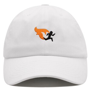 May include: White baseball cap with an embroidered design of a person running with flames behind them.