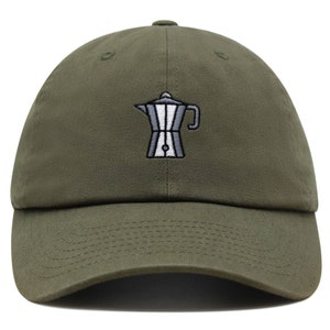 May include: A green baseball cap with an embroidered image of a coffee pot.